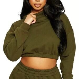 Naked Wardrobe NWOT Deep Green Cropped Hoodie Large